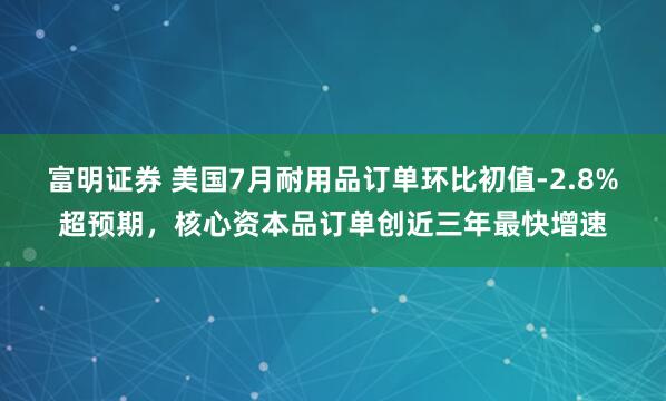 富明证券 美国7月耐用品订单环比初值-2.8%超预期，核心资本品订单创近三年最快增速